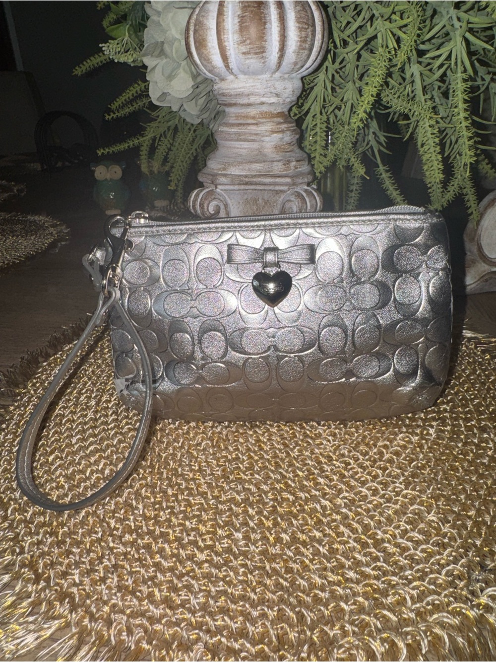 Metallic Silver Wristlet with Signature Pattern and Heart Charm